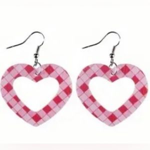 Love Heart-Shaped Checkerboard Faux Leather Drop Dangle Earrings